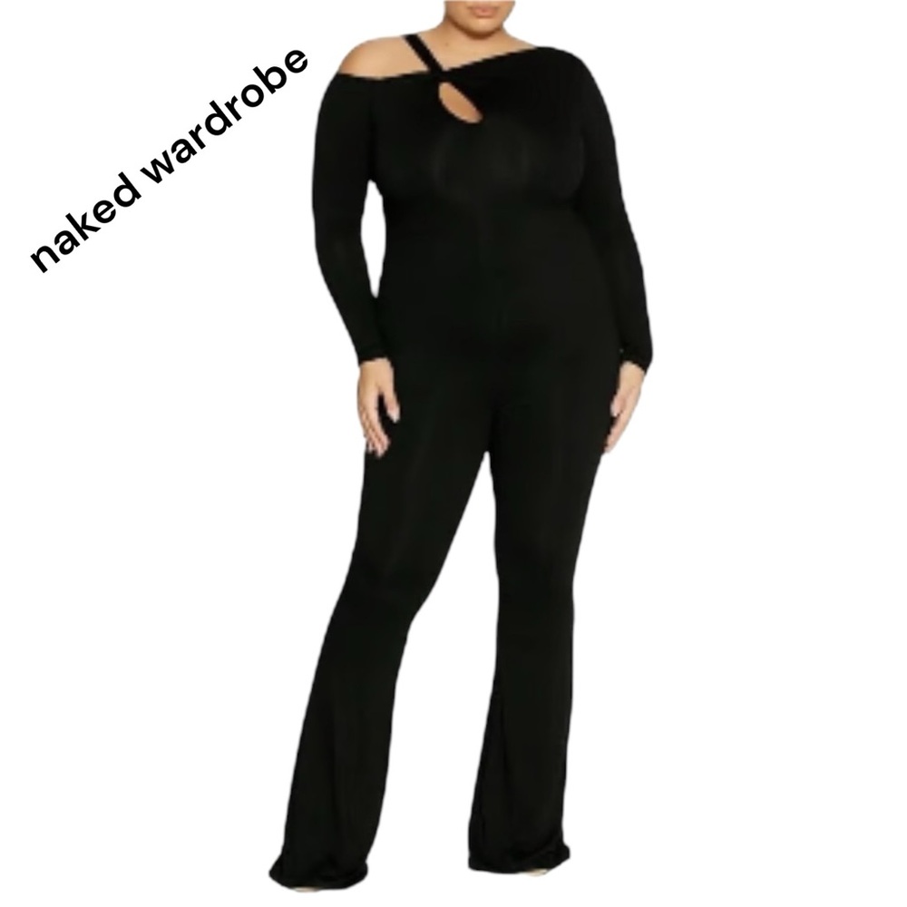 NWT Naked Wardrobe Black Long Sleeve Flare Leg Viscose Stretchy Jumpsuit Size 1X